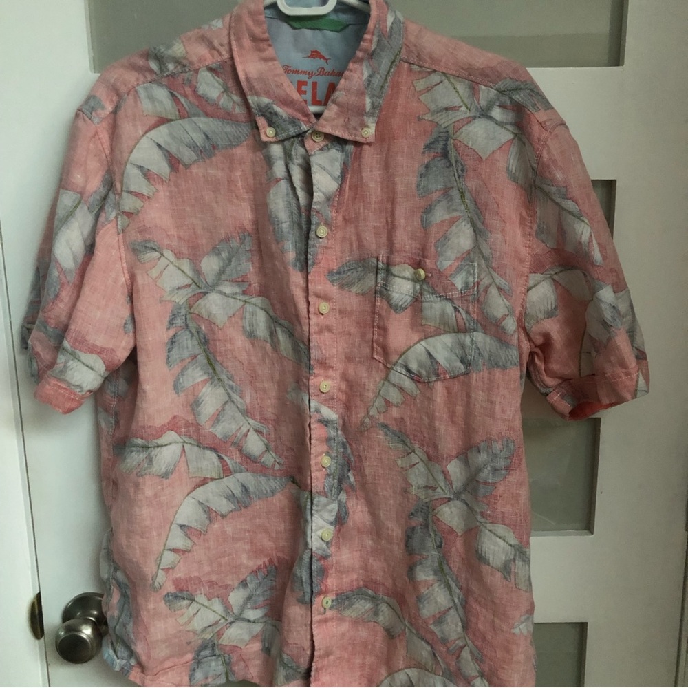 100% Linen Tommy Bahama Hawaiian Aloha Reverse Print Shirt Large EUC RARE